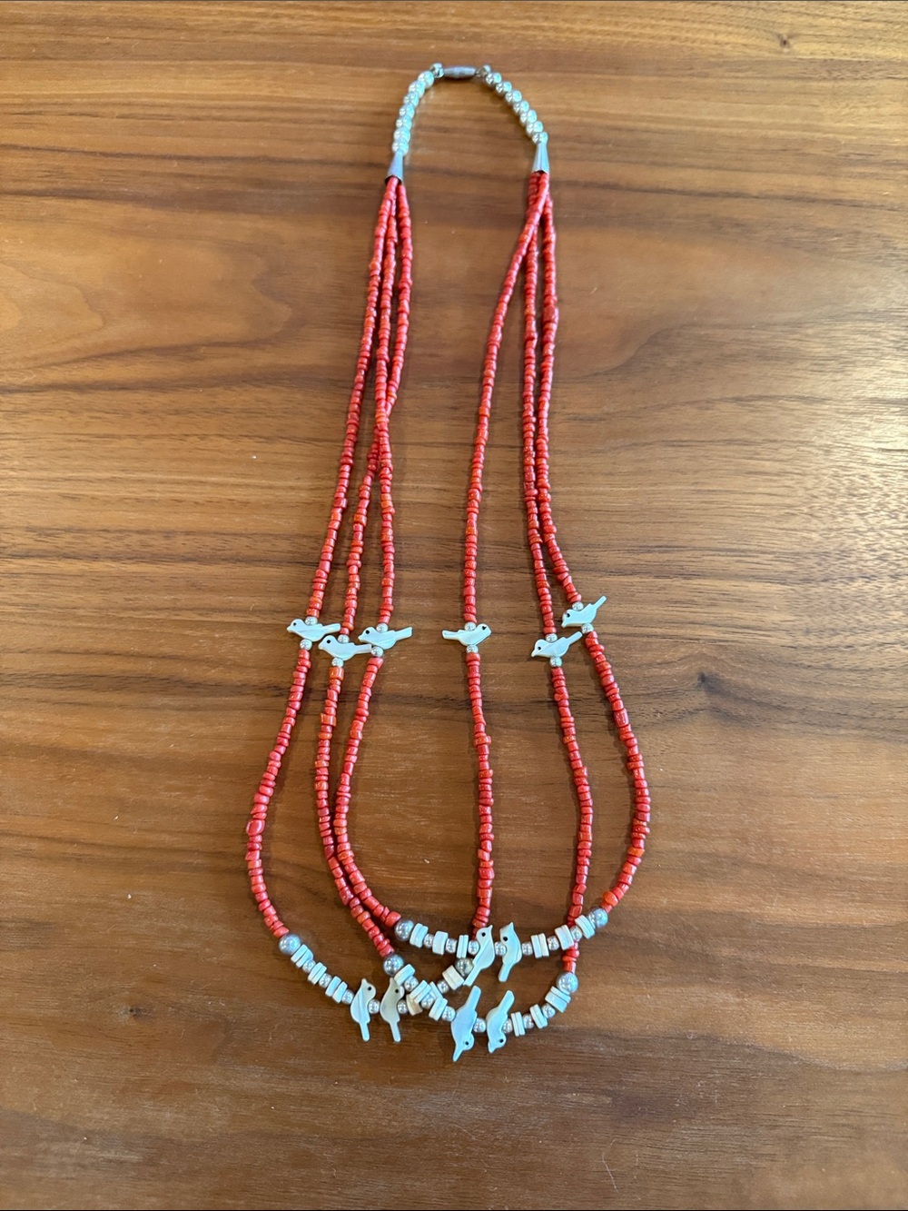 Red Bead Multi-Strand Necklace with Birds